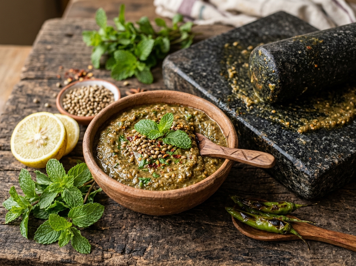 Traditional stone ground Bhangjeera ki chutney on silbatta