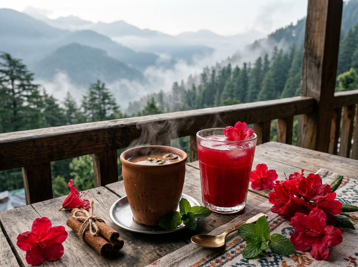 Fresh crimson Buransh Rhododendron juice and steaming Pahadi chai