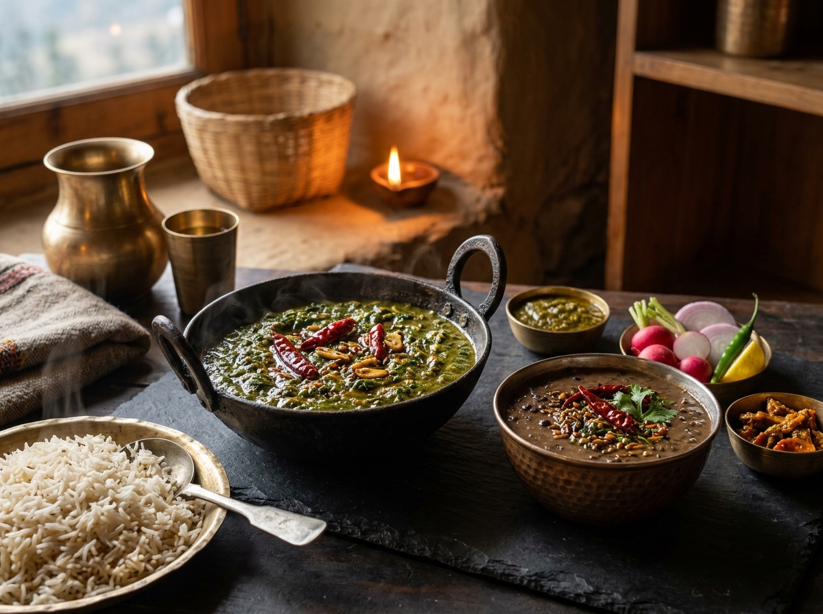 Traditional Garhwali Chainsoo and Kafuli with rice