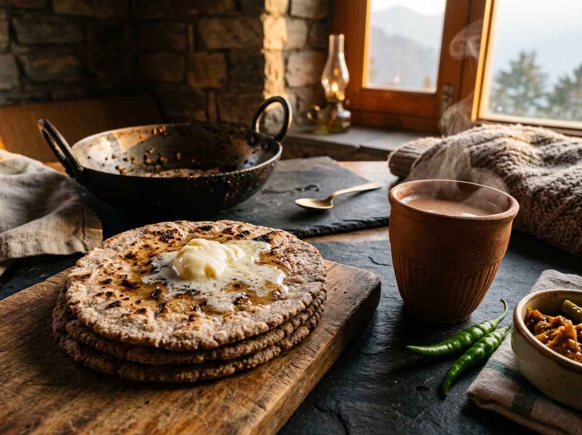 Fresh Mandua Ki Roti with white butter and Kulhad Pahadi Chai