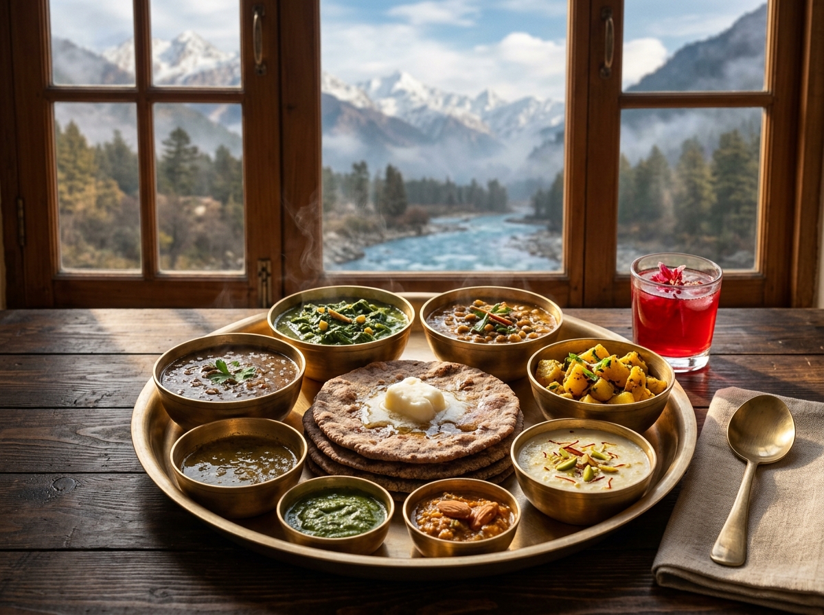 Traditional Uttarakhand Garhwali Pahadi Thali Feast with river view at Alaknanda Homestay